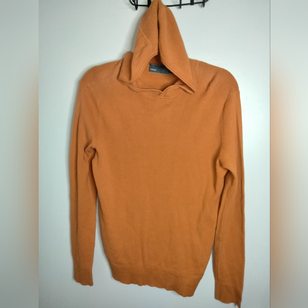 Vince (Sz M) Men's Orange Stretch Waffle Knit LS Casual Pullover Hooded Sweater